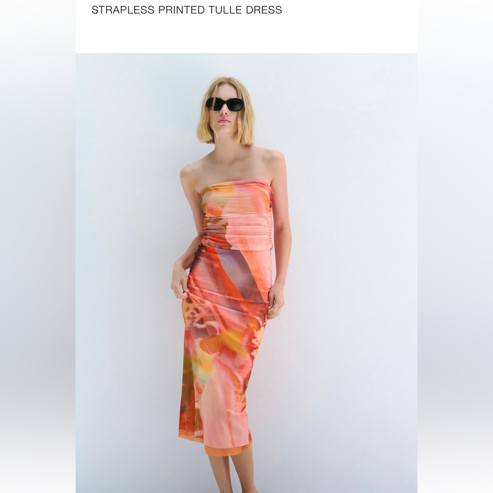 Zara STRAPLESS PRINTED TULLe dress